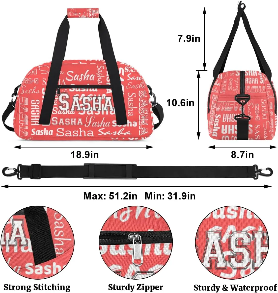 Custom Initial Dance Bag Gym Bag for Women, Monogrammed Personalized Sport Duffel Bag Weekender Bags Travel Duffel Bag Coral Red Ballet Bags