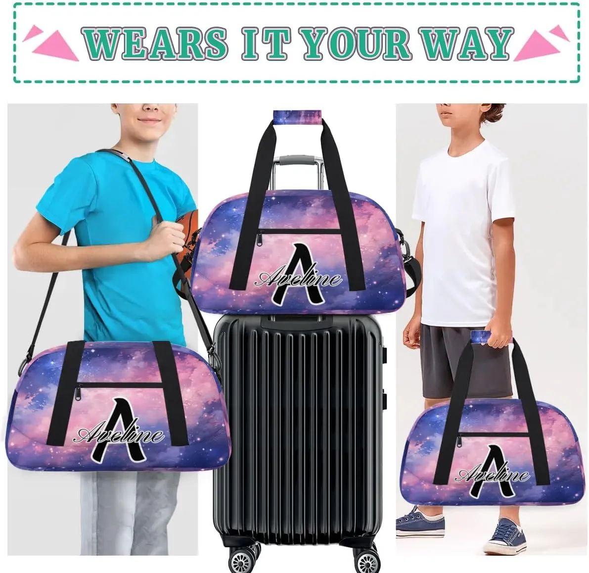 Custom Initial Letters Sport Bag, Personalized Gym Duffel Bags with Name Gifts for Women Custom Travel Overnight Weekender Bag Monogrammed, Glitter