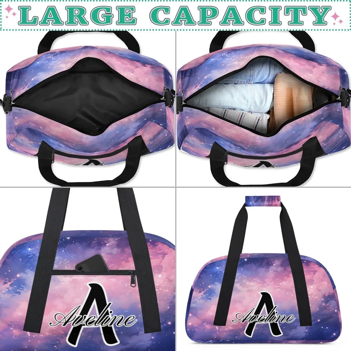 Custom Initial Letters Sport Bag, Personalized Gym Duffel Bags with Name Gifts for Women Custom Travel Overnight Weekender Bag Monogrammed, Glitter