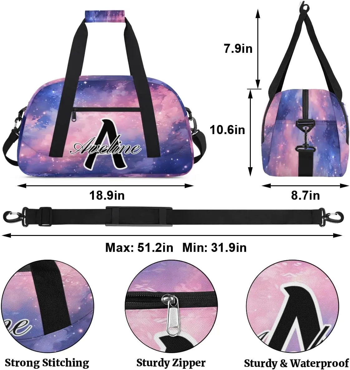 Custom Initial Letters Sport Bag, Personalized Gym Duffel Bags with Name Gifts for Women Custom Travel Overnight Weekender Bag Monogrammed, Glitter