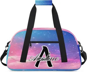 Custom Initial Letters Sport Bag, Personalized Gym Duffel Bags with Name Gifts for Women Custom Travel Overnight Weekender Bag Monogrammed, Rainbow Clouds