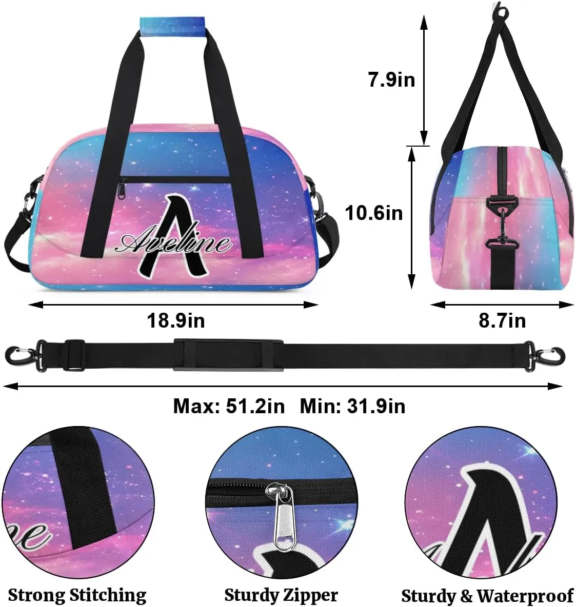 Custom Initial Letters Sport Bag, Personalized Gym Duffel Bags with Name Gifts for Women Custom Travel Overnight Weekender Bag Monogrammed, Rainbow Clouds