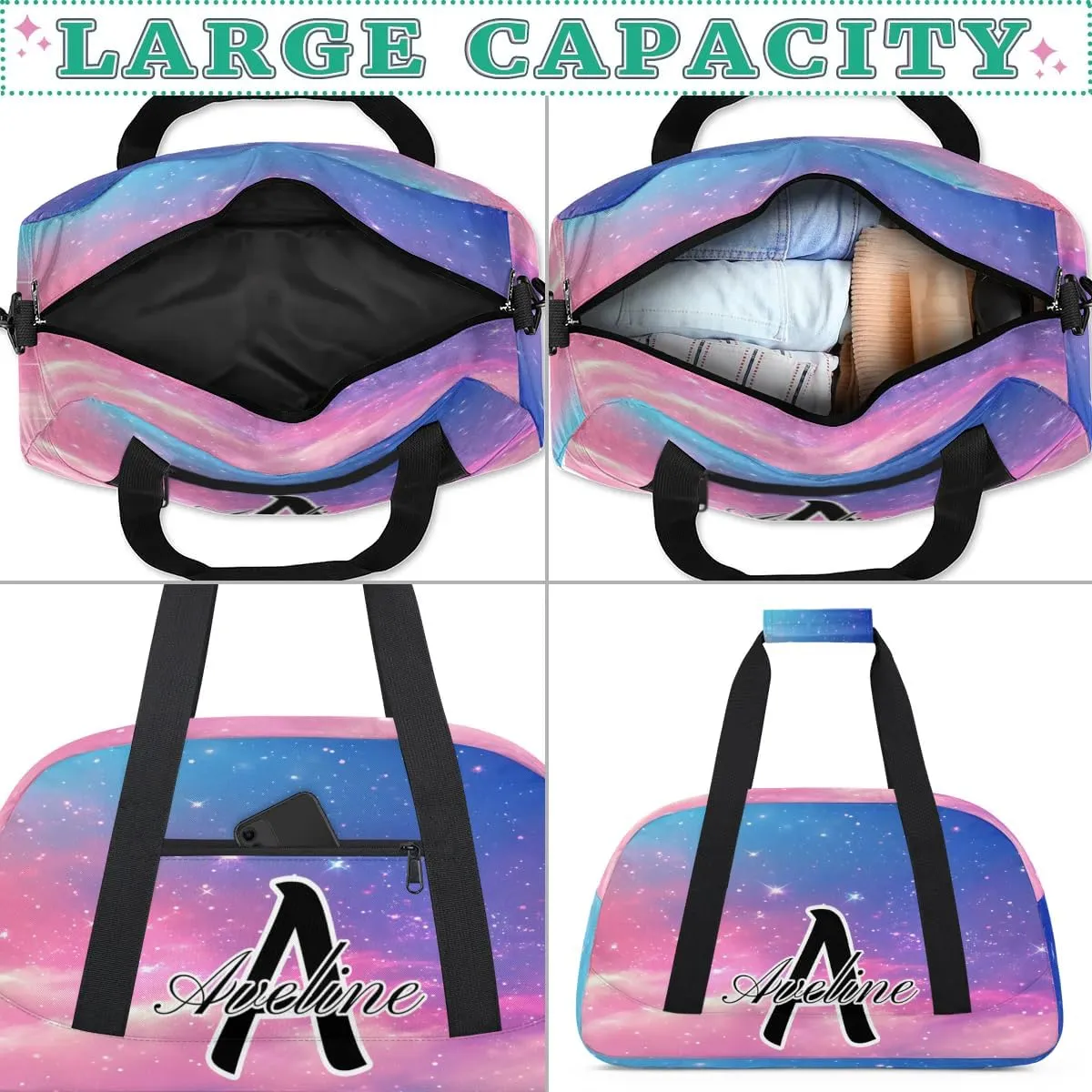 Custom Initial Letters Sport Bag, Personalized Gym Duffel Bags with Name Gifts for Women Custom Travel Overnight Weekender Bag Monogrammed, Rainbow Clouds