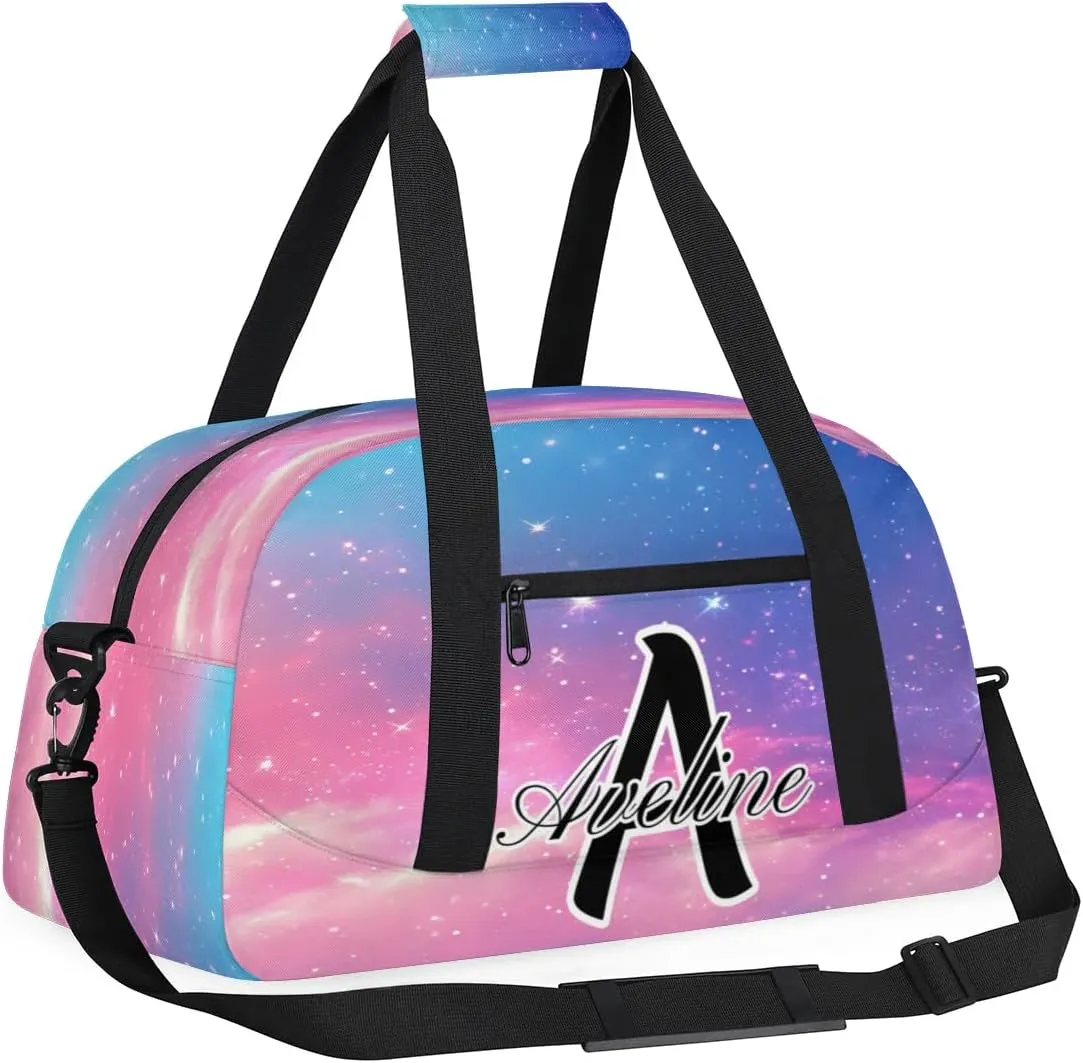 Custom Initial Letters Sport Bag, Personalized Gym Duffel Bags with Name Gifts for Women Custom Travel Overnight Weekender Bag Monogrammed, Rainbow Clouds