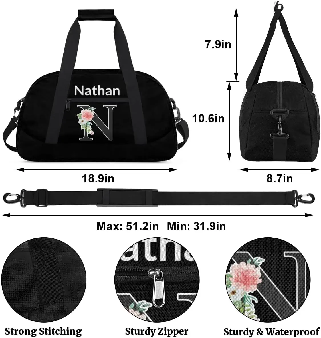 Custom Initial Letters Sport Bag, Personalized Gym Duffel Bags with Name Personalized Gifts for Women Custom Travel Weekender Bag Monogrammed, Black Custom Gifts