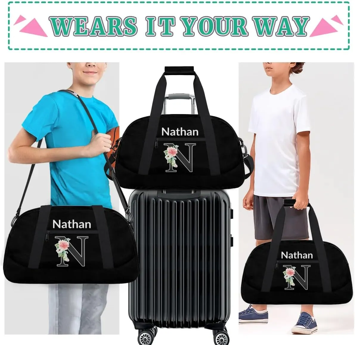 Custom Initial Letters Sport Bag, Personalized Gym Duffel Bags with Name Personalized Gifts for Women Custom Travel Weekender Bag Monogrammed, Black Custom Gifts