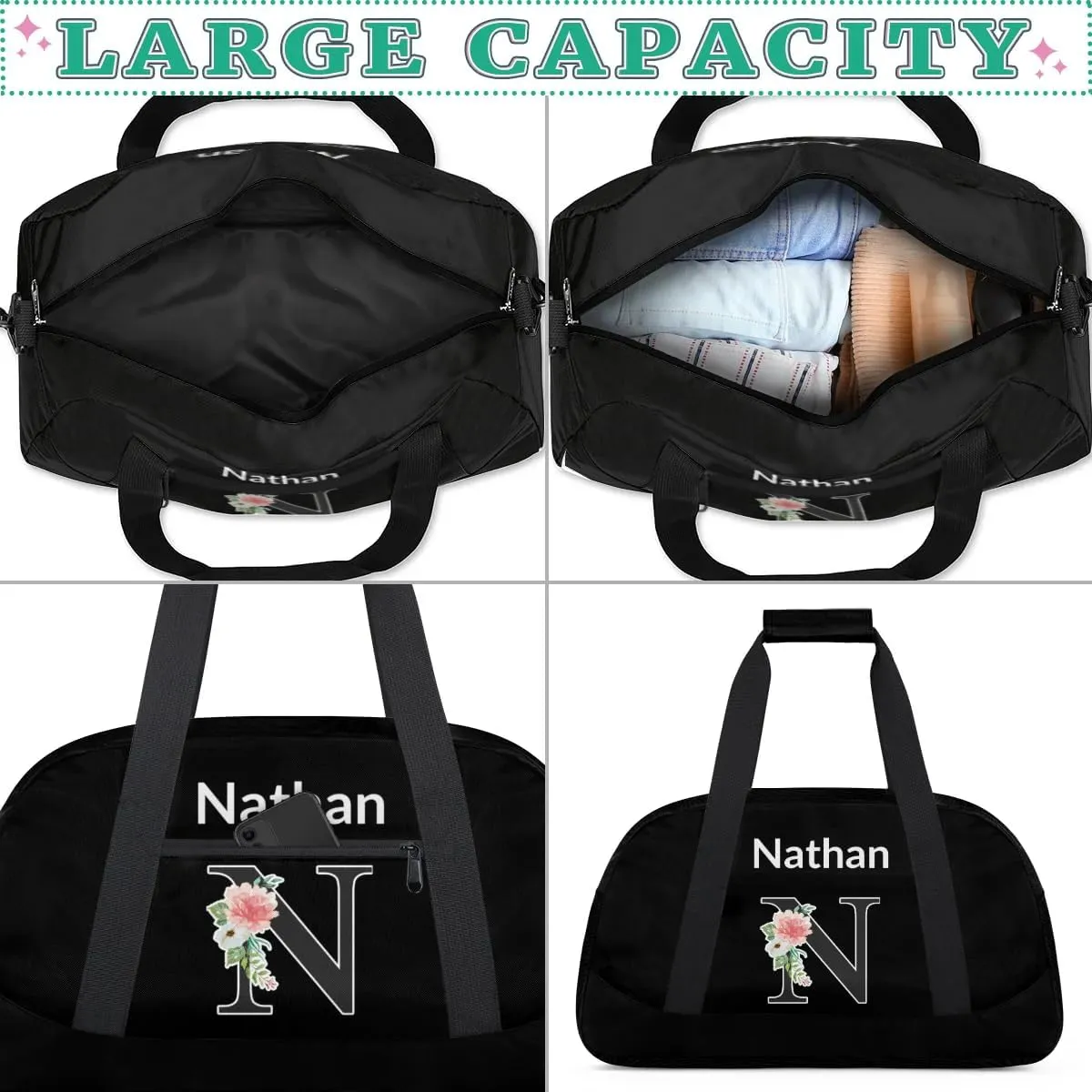 Custom Initial Letters Sport Bag, Personalized Gym Duffel Bags with Name Personalized Gifts for Women Custom Travel Weekender Bag Monogrammed, Black Custom Gifts