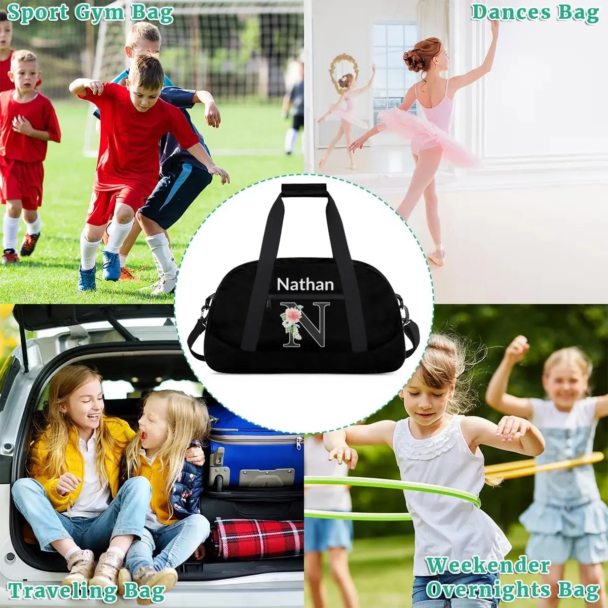 Custom Initial Letters Sport Bag, Personalized Gym Duffel Bags with Name Personalized Gifts for Women Custom Travel Weekender Bag Monogrammed, Black Custom Gifts