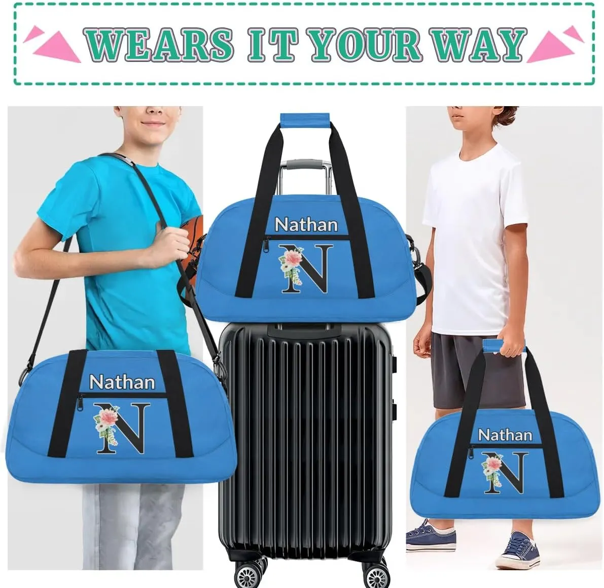 Custom Initial Letters Sport Bag, Personalized Gym Duffel Bags with Name Personalized Gifts for Women Custom Travel Weekender Bag Monogrammed, Blue Custom Gifts