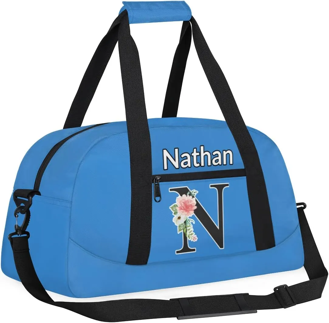 Custom Initial Letters Sport Bag, Personalized Gym Duffel Bags with Name Personalized Gifts for Women Custom Travel Weekender Bag Monogrammed, Blue Custom Gifts