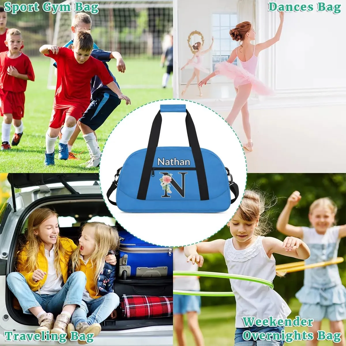 Custom Initial Letters Sport Bag, Personalized Gym Duffel Bags with Name Personalized Gifts for Women Custom Travel Weekender Bag Monogrammed, Blue Custom Gifts