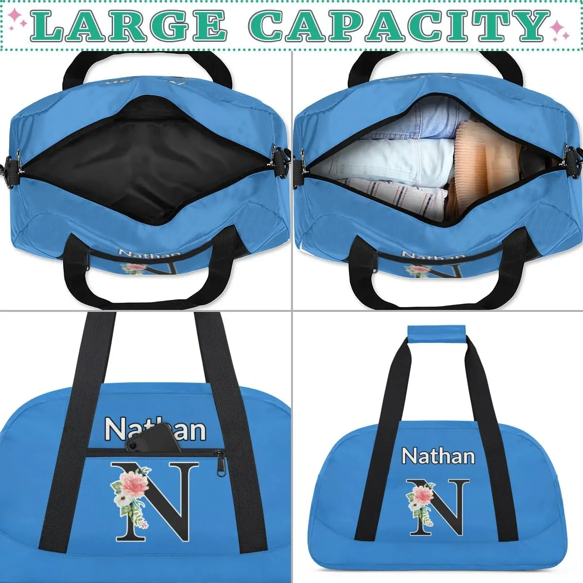 Custom Initial Letters Sport Bag, Personalized Gym Duffel Bags with Name Personalized Gifts for Women Custom Travel Weekender Bag Monogrammed, Blue Custom Gifts