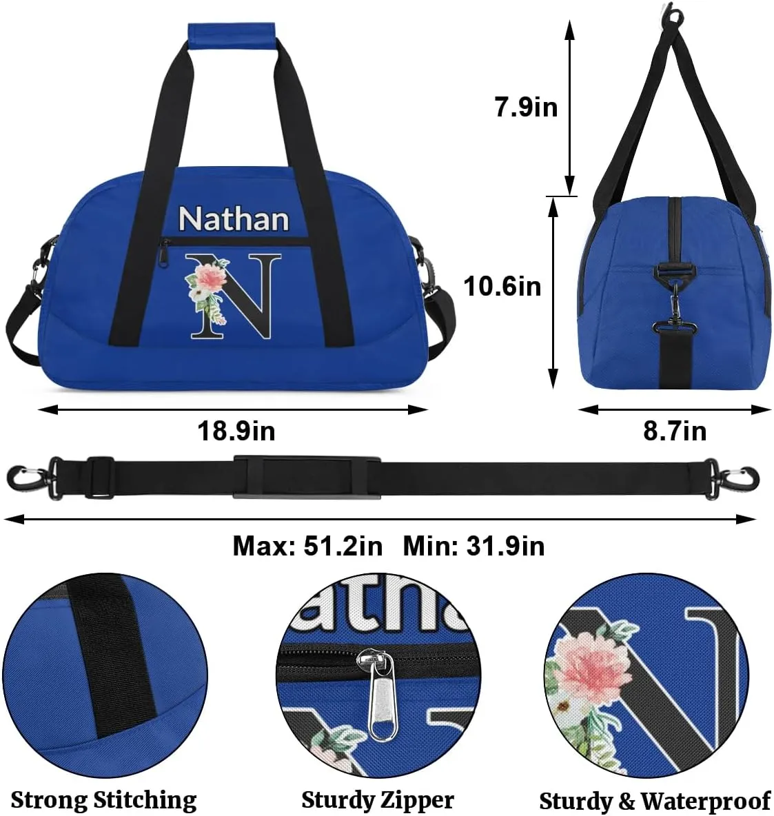 Custom Initial Letters Sport Bag, Personalized Gym Duffel Bags with Name Personalized Gifts for Women Custom Travel Weekender Bag Monogrammed, Cobalt Blue Custom Gifts