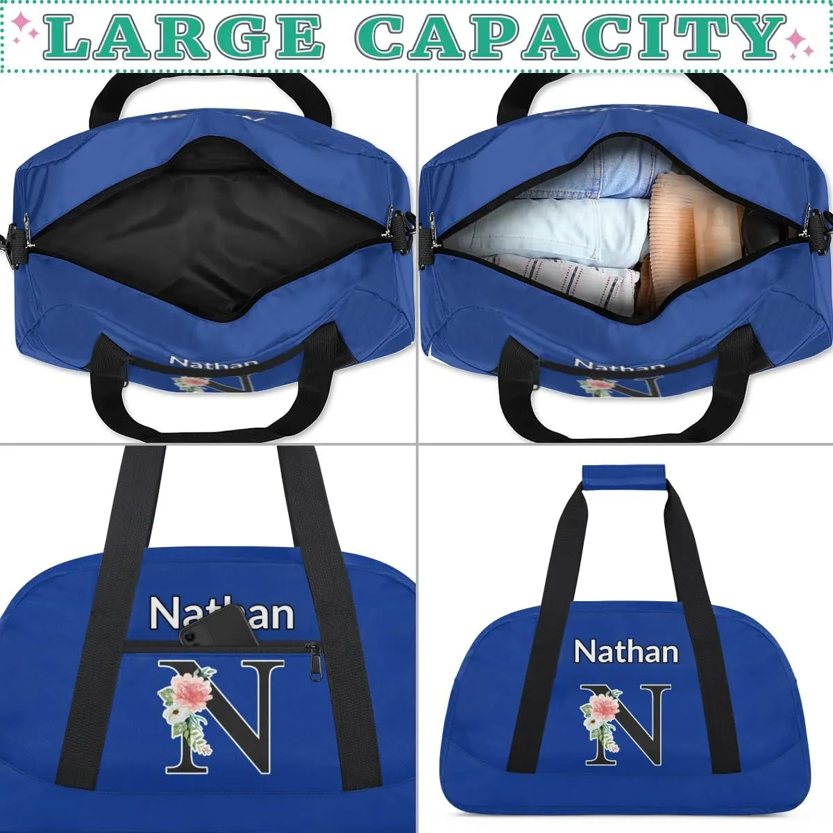 Custom Initial Letters Sport Bag, Personalized Gym Duffel Bags with Name Personalized Gifts for Women Custom Travel Weekender Bag Monogrammed, Cobalt Blue Custom Gifts
