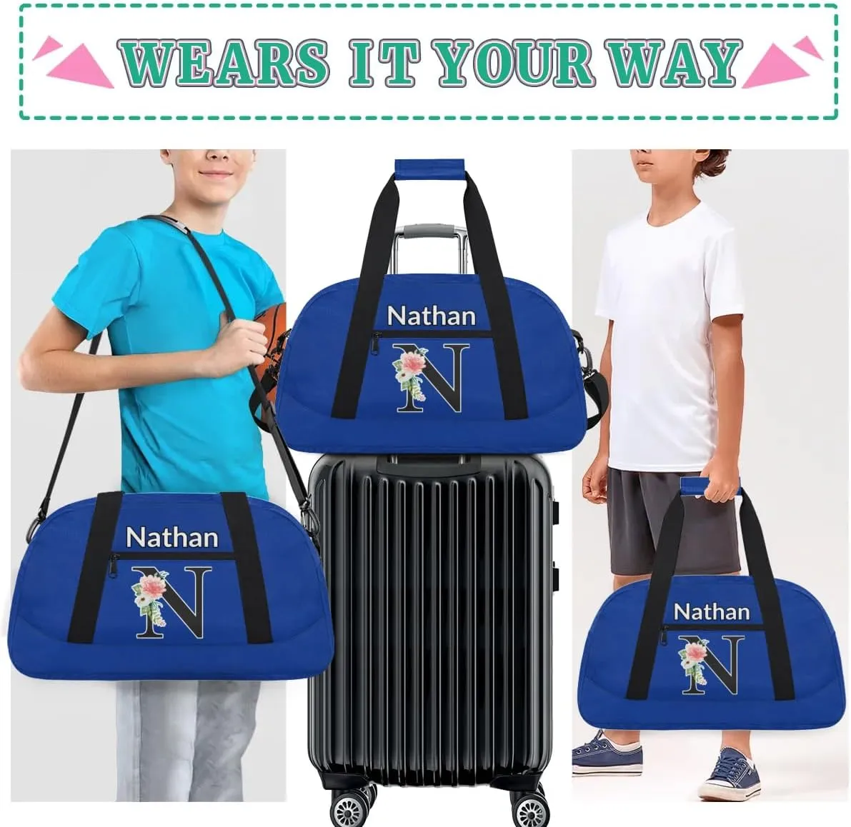Custom Initial Letters Sport Bag, Personalized Gym Duffel Bags with Name Personalized Gifts for Women Custom Travel Weekender Bag Monogrammed, Cobalt Blue Custom Gifts