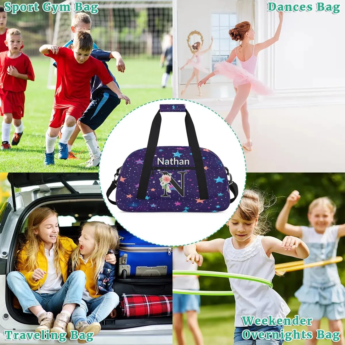 Custom Initial Letters Sport Bag, Personalized Gym Duffel Bags with Name Personalized Gifts for Women Custom Travel Weekender Bag Monogrammed, Colorful Starry Sky