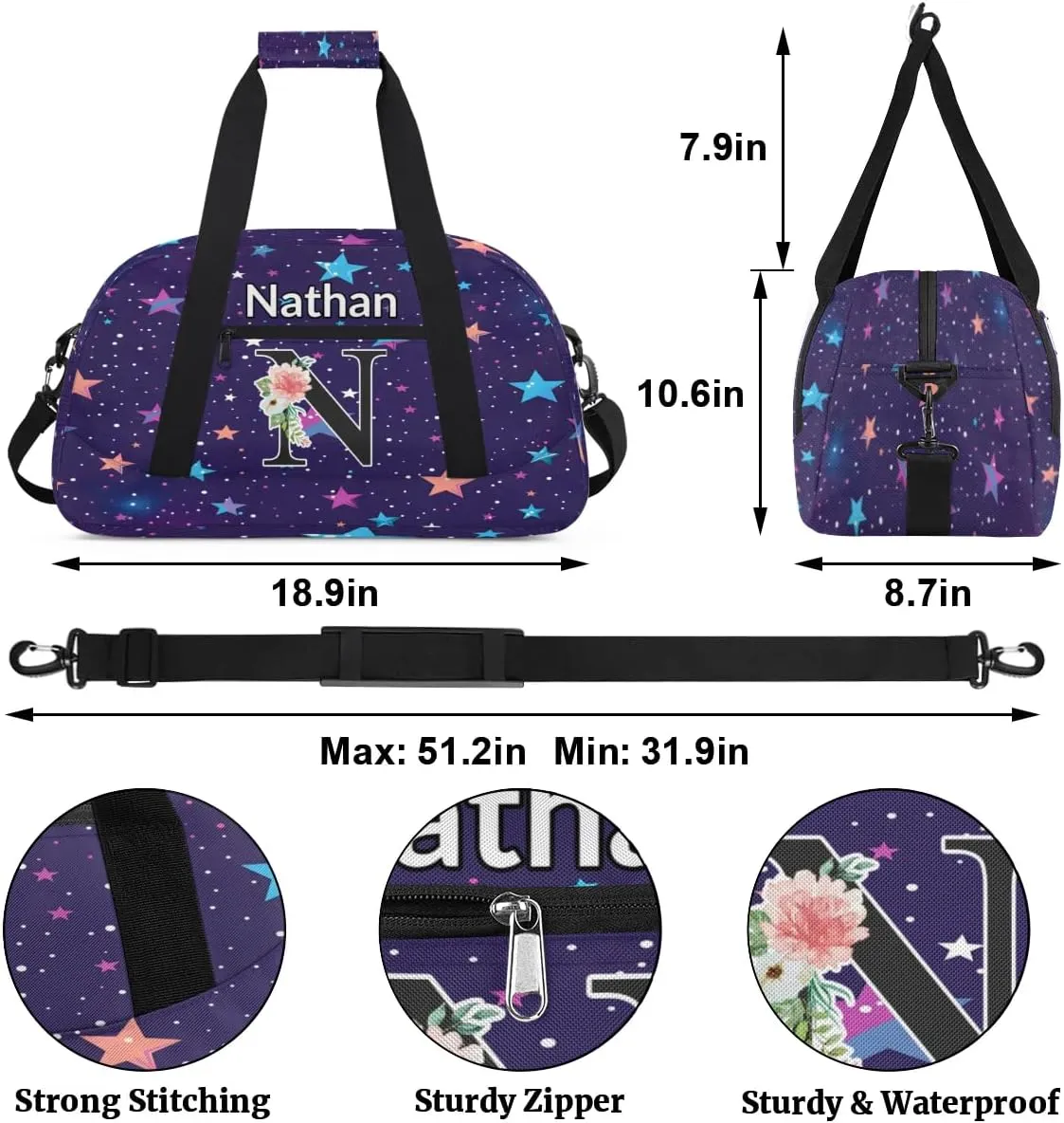 Custom Initial Letters Sport Bag, Personalized Gym Duffel Bags with Name Personalized Gifts for Women Custom Travel Weekender Bag Monogrammed, Colorful Starry Sky
