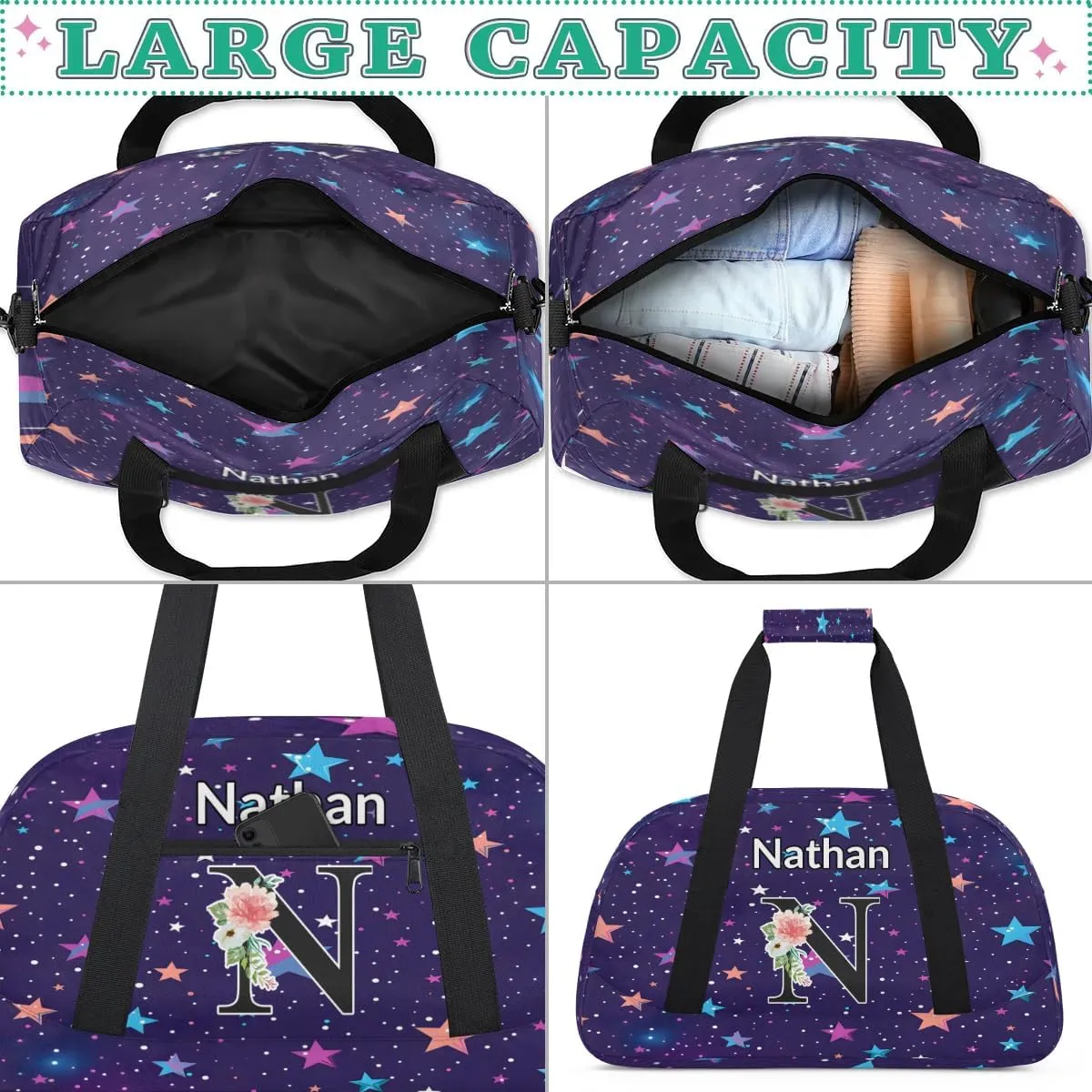 Custom Initial Letters Sport Bag, Personalized Gym Duffel Bags with Name Personalized Gifts for Women Custom Travel Weekender Bag Monogrammed, Colorful Starry Sky