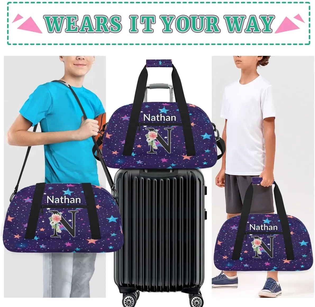 Custom Initial Letters Sport Bag, Personalized Gym Duffel Bags with Name Personalized Gifts for Women Custom Travel Weekender Bag Monogrammed, Colorful Starry Sky