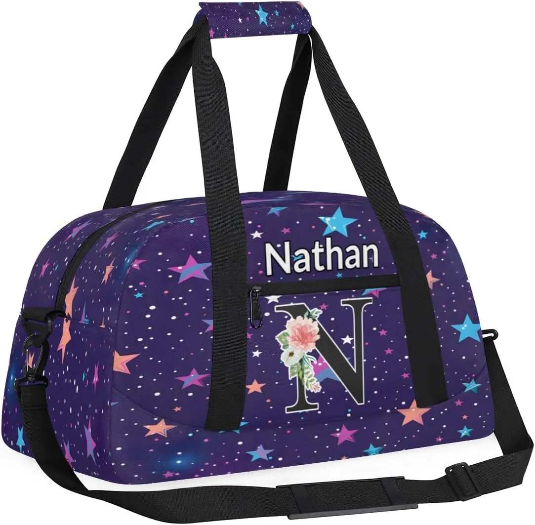 Custom Initial Letters Sport Bag, Personalized Gym Duffel Bags with Name Personalized Gifts for Women Custom Travel Weekender Bag Monogrammed, Colorful Starry Sky