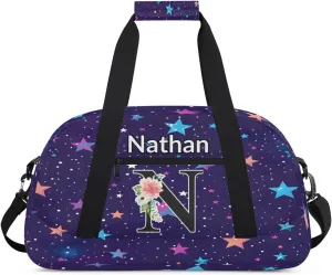 Custom Initial Letters Sport Bag, Personalized Gym Duffel Bags with Name Personalized Gifts for Women Custom Travel Weekender Bag Monogrammed, Colorful Starry Sky