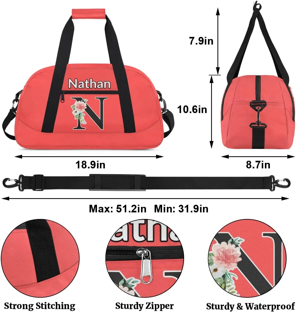 Custom Initial Letters Sport Bag, Personalized Gym Duffel Bags with Name Personalized Gifts for Women Custom Travel Weekender Bag Monogrammed, Coral Red Custom Gifts