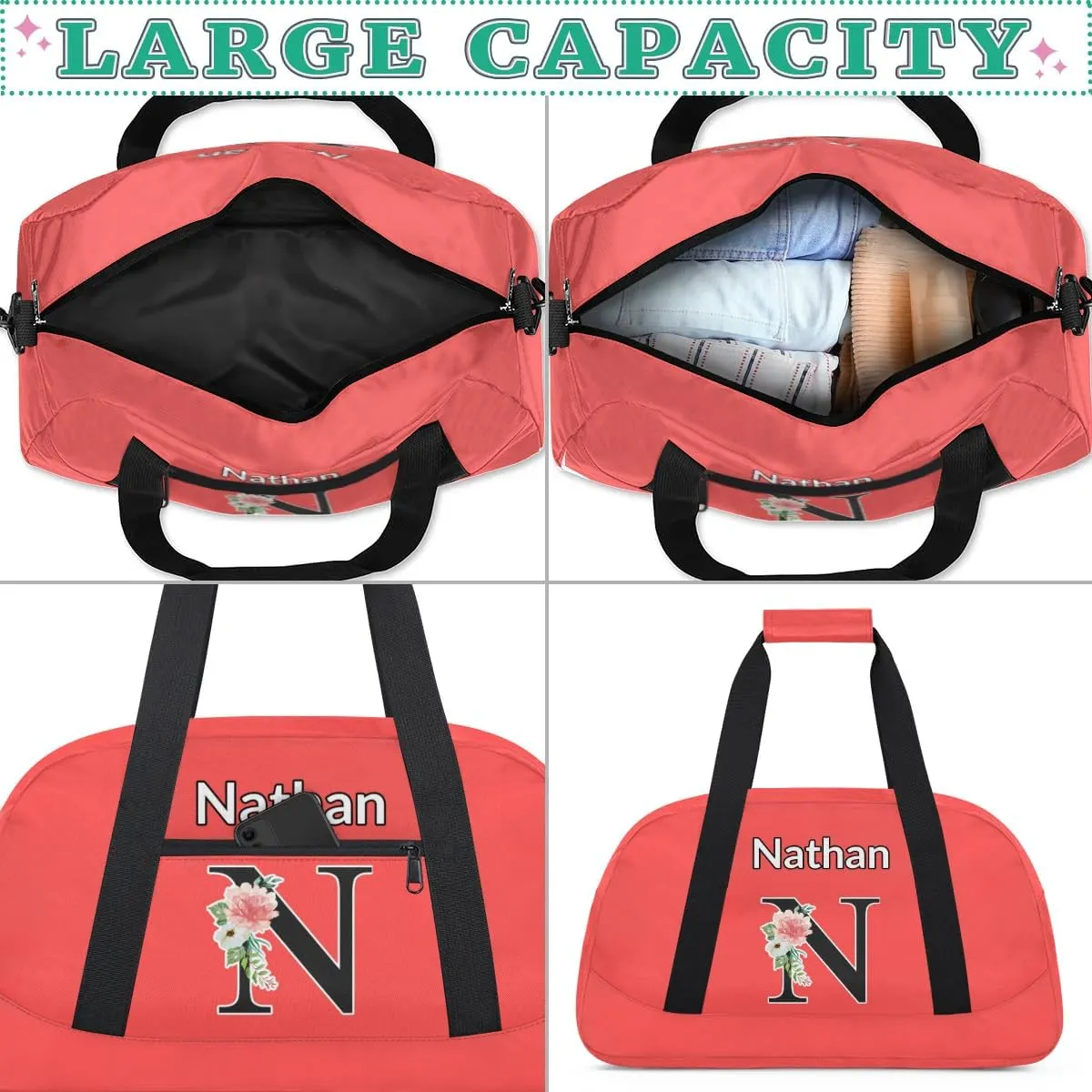 Custom Initial Letters Sport Bag, Personalized Gym Duffel Bags with Name Personalized Gifts for Women Custom Travel Weekender Bag Monogrammed, Coral Red Custom Gifts