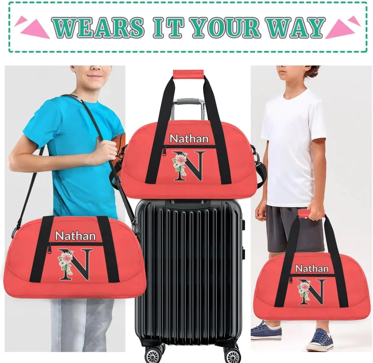 Custom Initial Letters Sport Bag, Personalized Gym Duffel Bags with Name Personalized Gifts for Women Custom Travel Weekender Bag Monogrammed, Coral Red Custom Gifts
