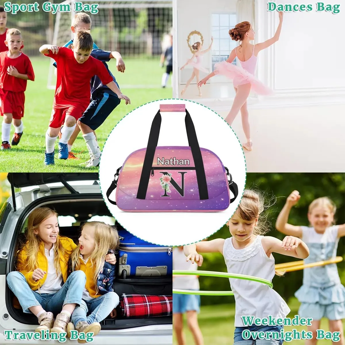 Custom Initial Letters Sport Bag, Personalized Gym Duffel Bags with Name Personalized Gifts for Women Custom Travel Weekender Bag Monogrammed, Cosmos Rainbows