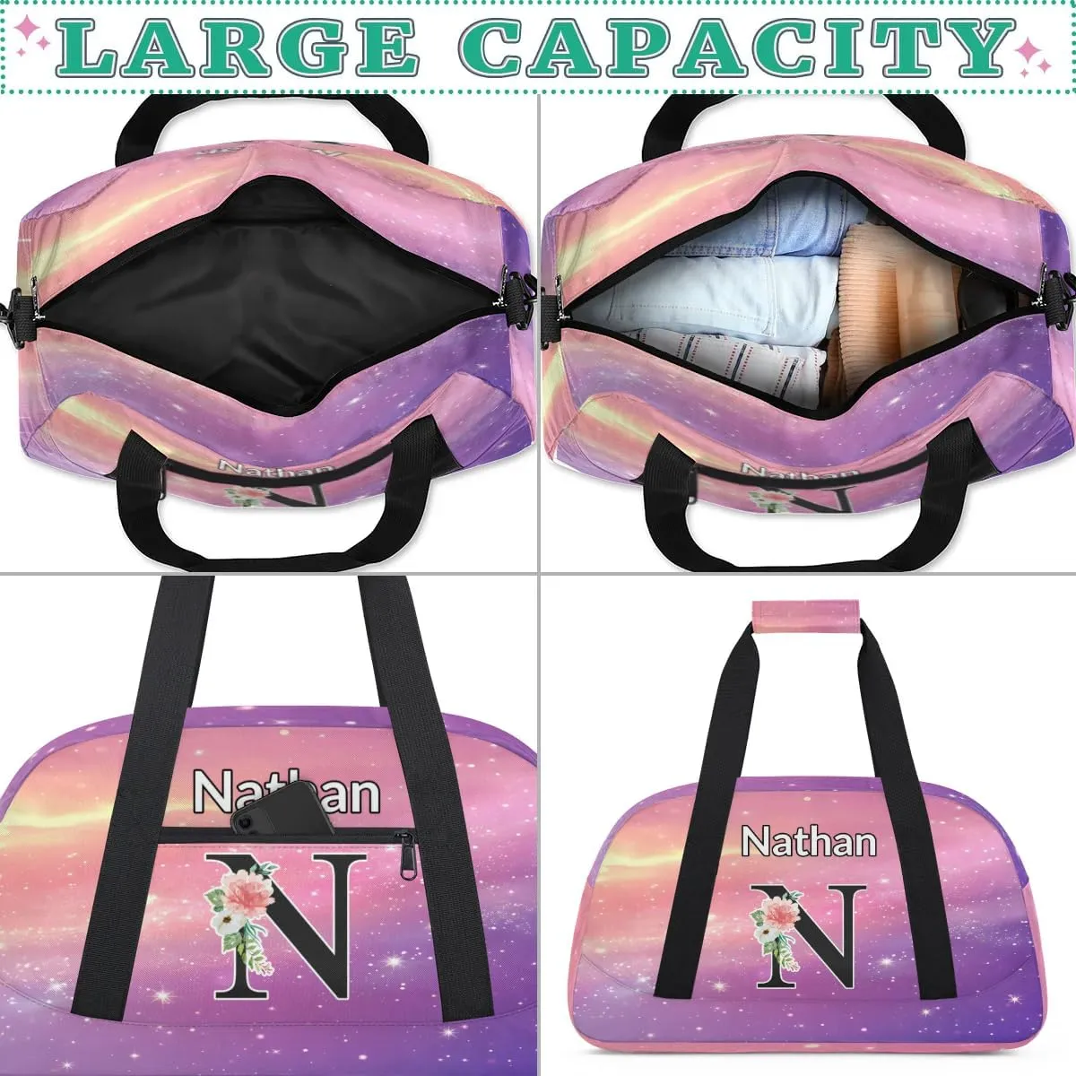 Custom Initial Letters Sport Bag, Personalized Gym Duffel Bags with Name Personalized Gifts for Women Custom Travel Weekender Bag Monogrammed, Cosmos Rainbows