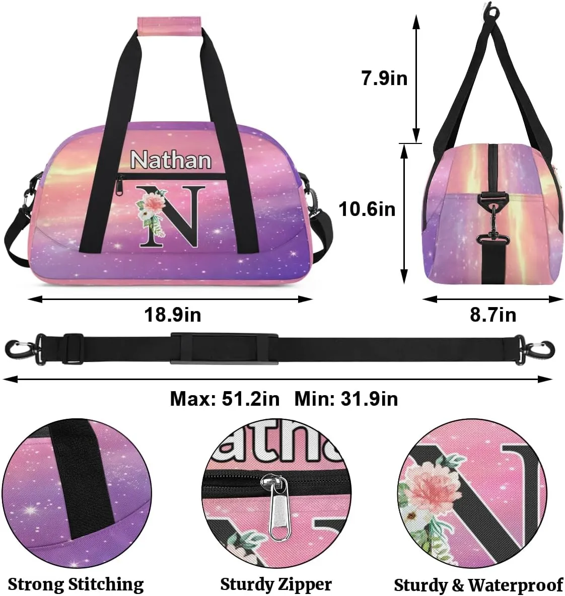 Custom Initial Letters Sport Bag, Personalized Gym Duffel Bags with Name Personalized Gifts for Women Custom Travel Weekender Bag Monogrammed, Cosmos Rainbows
