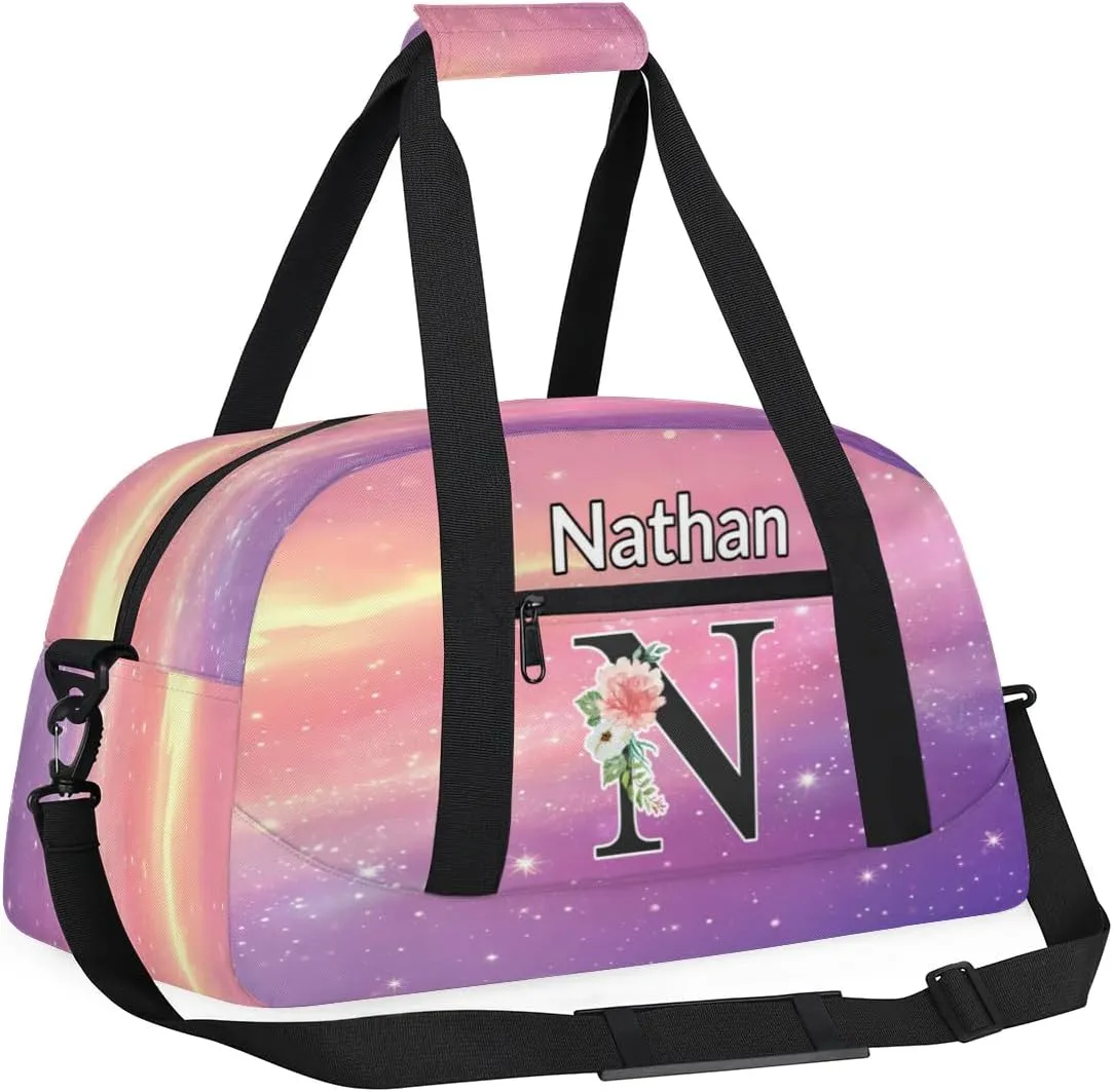 Custom Initial Letters Sport Bag, Personalized Gym Duffel Bags with Name Personalized Gifts for Women Custom Travel Weekender Bag Monogrammed, Cosmos Rainbows