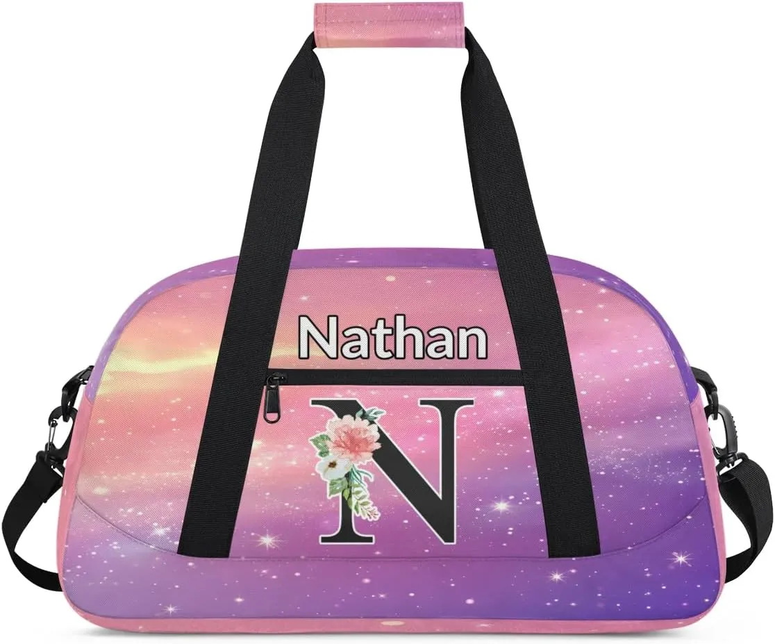 Custom Initial Letters Sport Bag, Personalized Gym Duffel Bags with Name Personalized Gifts for Women Custom Travel Weekender Bag Monogrammed, Cosmos Rainbows
