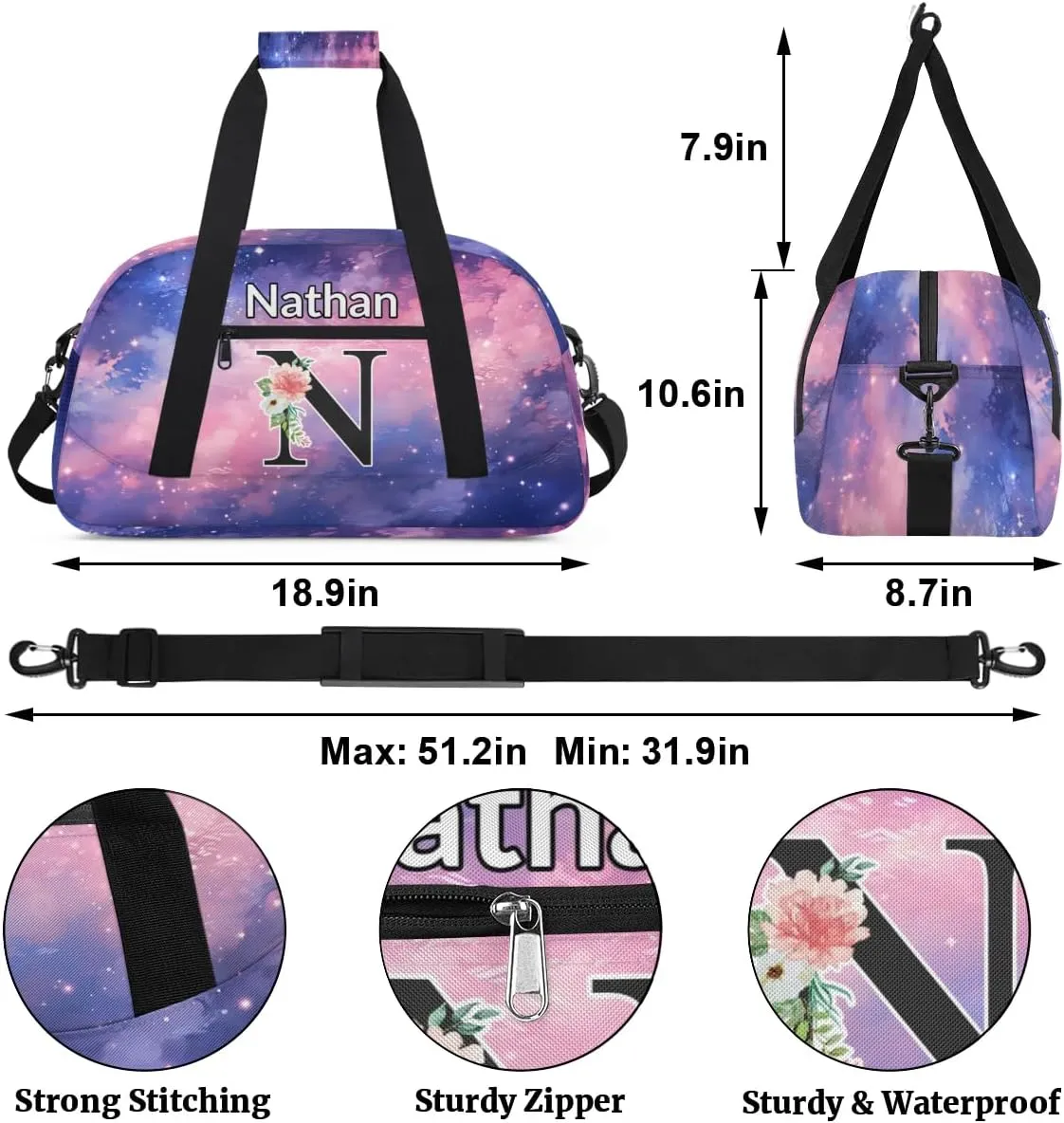Custom Initial Letters Sport Bag, Personalized Gym Duffel Bags with Name Personalized Gifts for Women Custom Travel Weekender Bag Monogrammed, Glitter