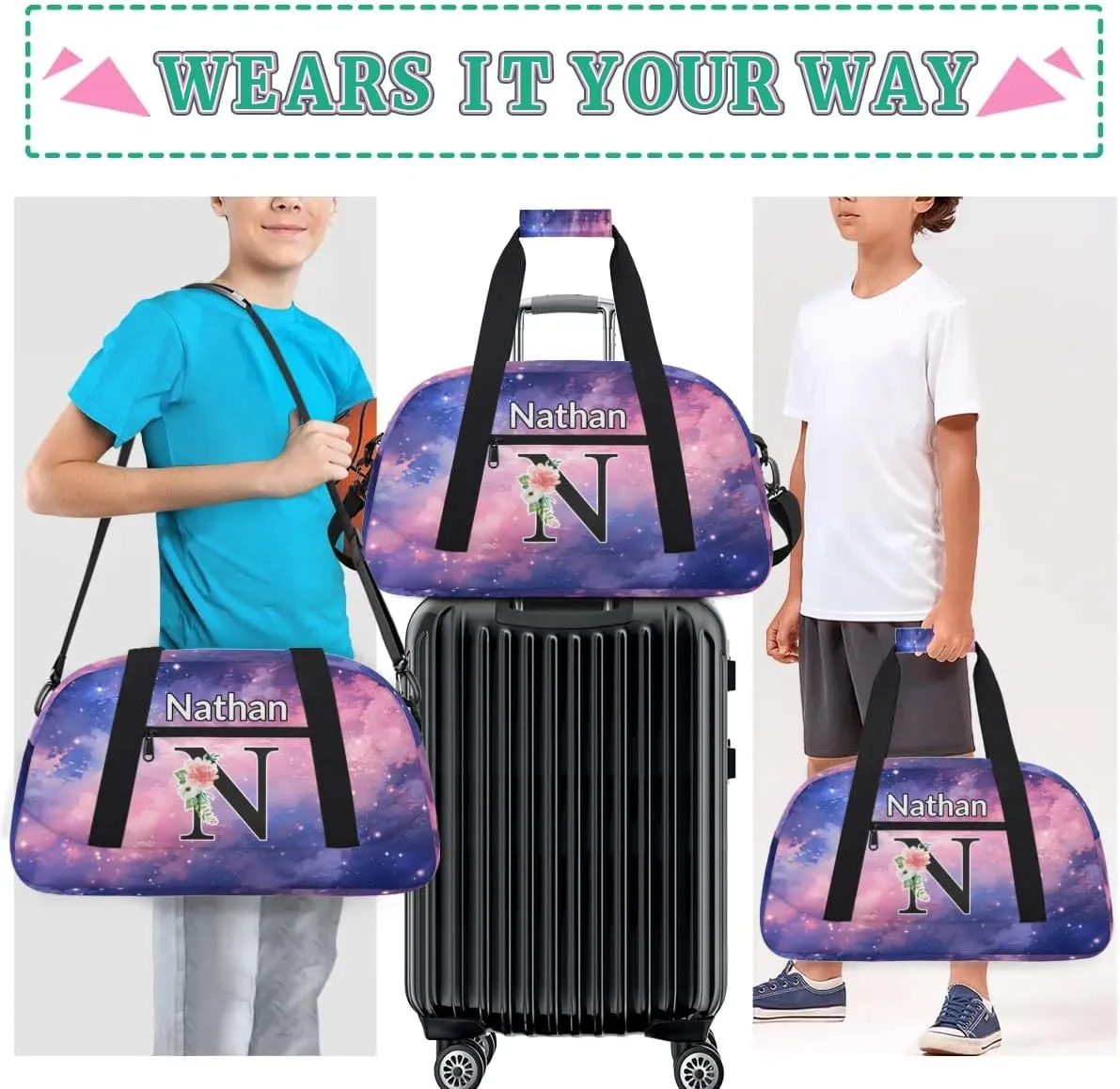 Custom Initial Letters Sport Bag, Personalized Gym Duffel Bags with Name Personalized Gifts for Women Custom Travel Weekender Bag Monogrammed, Glitter