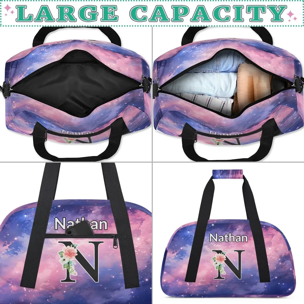 Custom Initial Letters Sport Bag, Personalized Gym Duffel Bags with Name Personalized Gifts for Women Custom Travel Weekender Bag Monogrammed, Glitter
