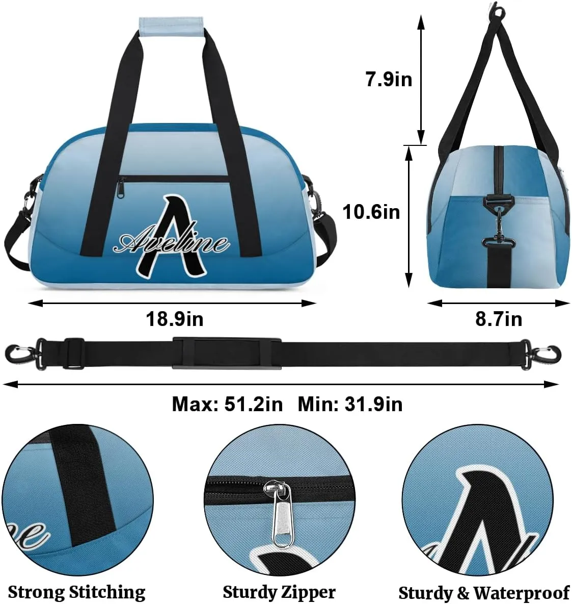 Custom Initial Letters Sports Bag with Name, Monogrammed Personalized Gym Duffel Bags, Lightweight Travel Overnight Weekender Bag Custom Gifts, Blue Gradient