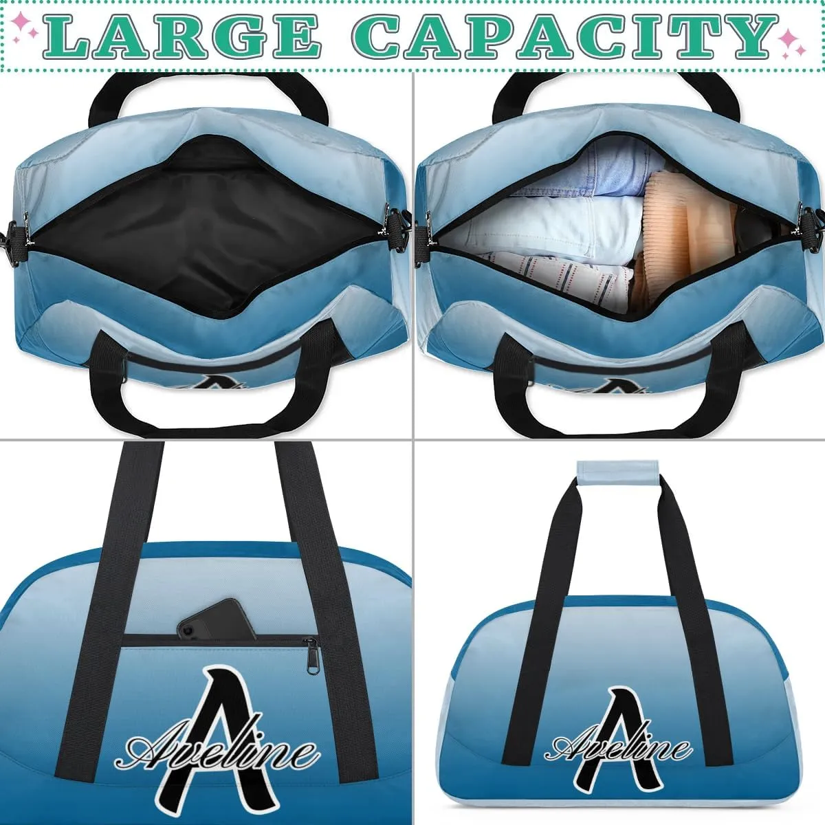 Custom Initial Letters Sports Bag with Name, Monogrammed Personalized Gym Duffel Bags, Lightweight Travel Overnight Weekender Bag Custom Gifts, Blue Gradient
