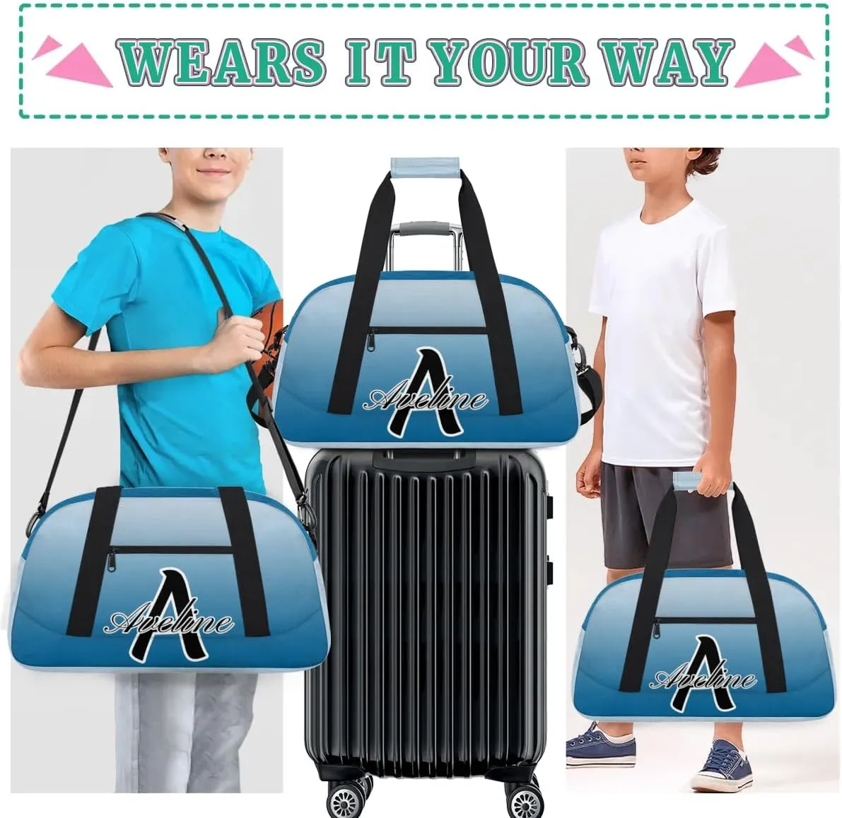 Custom Initial Letters Sports Bag with Name, Monogrammed Personalized Gym Duffel Bags, Lightweight Travel Overnight Weekender Bag Custom Gifts, Blue Gradient
