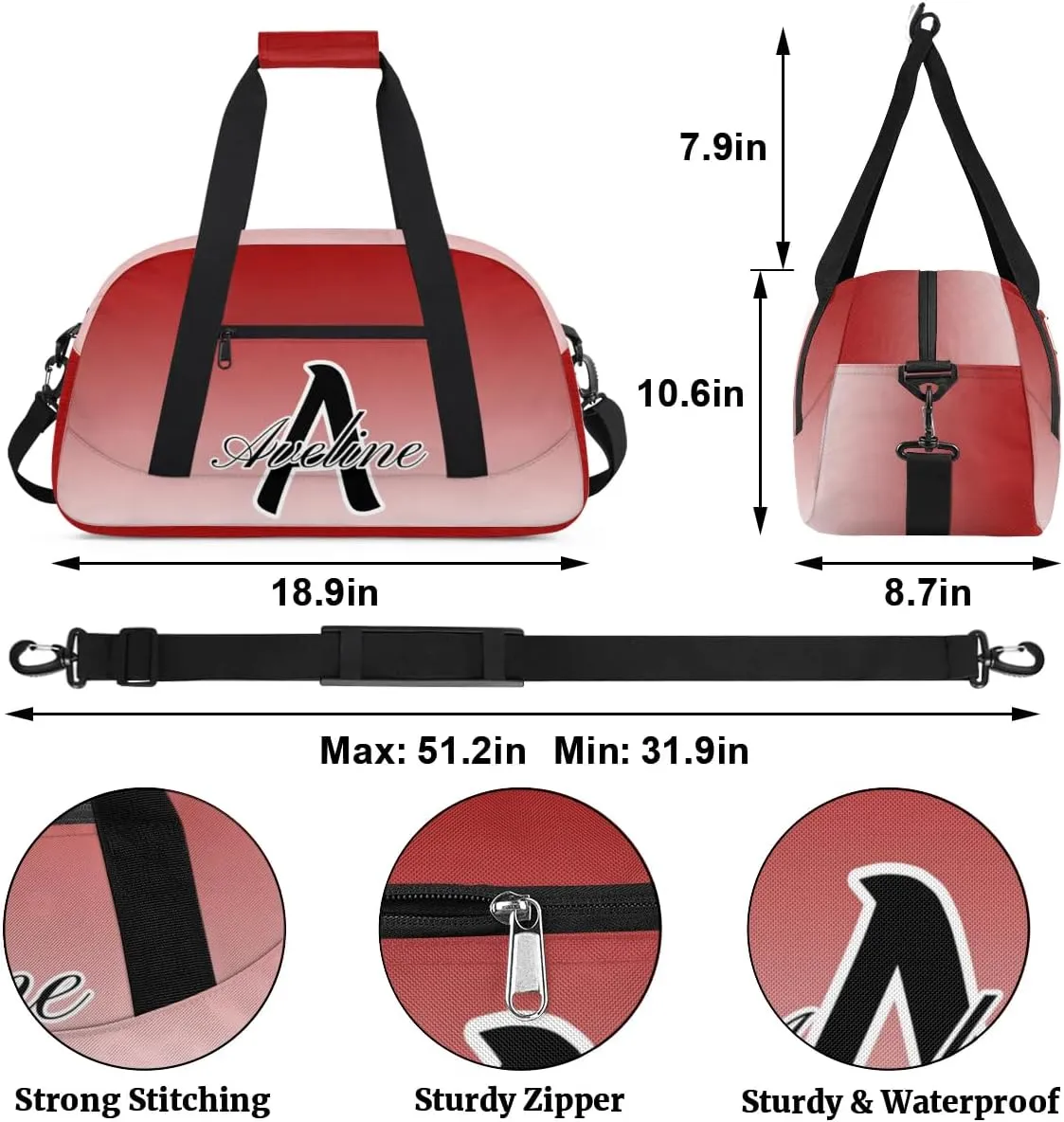 Custom Initial Letters Sports Bag with Name, Monogrammed Personalized Gym Duffel Bags, Lightweight Travel Overnight Weekender Bag Custom Gifts, Deep Red Gradient