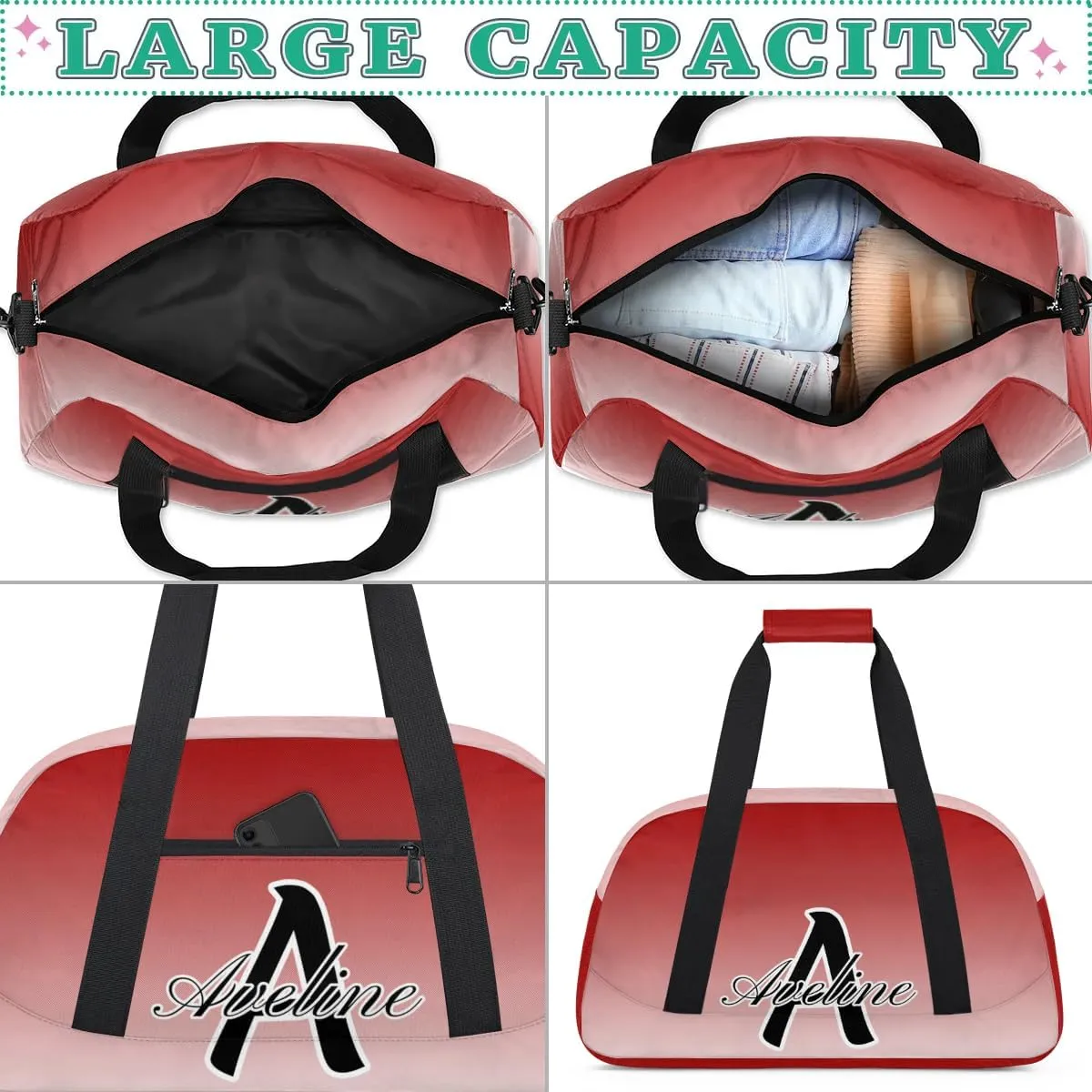 Custom Initial Letters Sports Bag with Name, Monogrammed Personalized Gym Duffel Bags, Lightweight Travel Overnight Weekender Bag Custom Gifts, Deep Red Gradient
