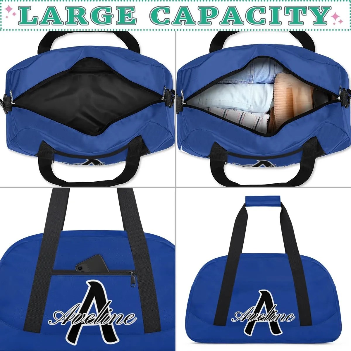 Custom Initial Name Sport Bags, Personalized Dance Gym Duffel Bags Personalized Gifts for Women Custom Cheer Travel Weekender Bag Monogrammed, Cobalt Blue