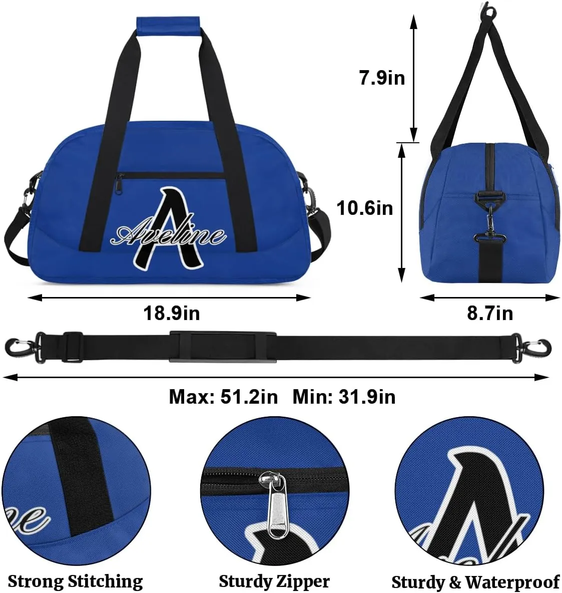 Custom Initial Name Sport Bags, Personalized Dance Gym Duffel Bags Personalized Gifts for Women Custom Cheer Travel Weekender Bag Monogrammed, Cobalt Blue