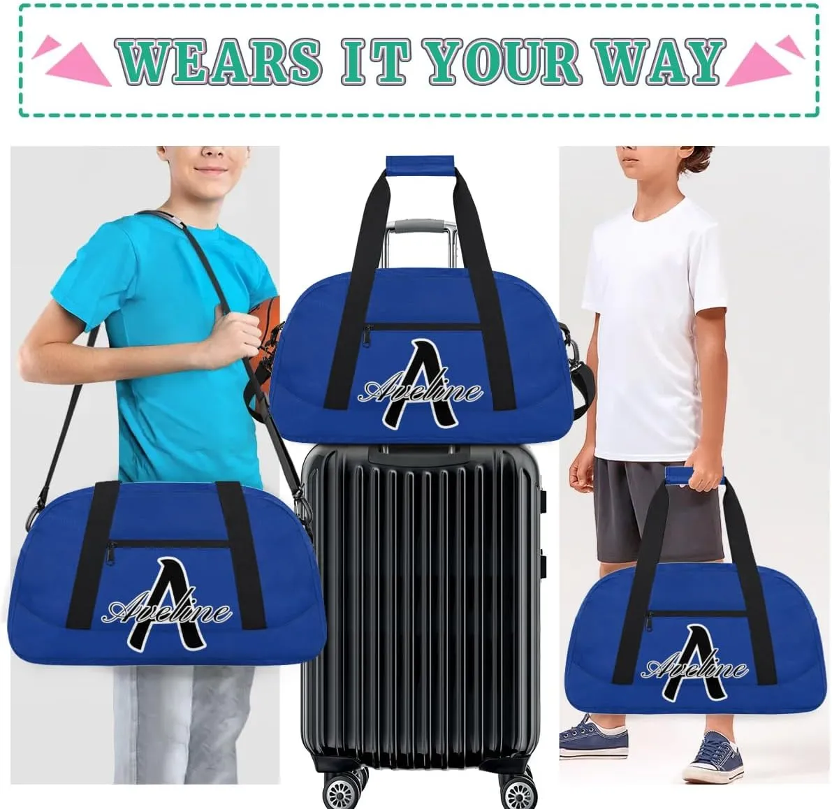 Custom Initial Name Sport Bags, Personalized Dance Gym Duffel Bags Personalized Gifts for Women Custom Cheer Travel Weekender Bag Monogrammed, Cobalt Blue