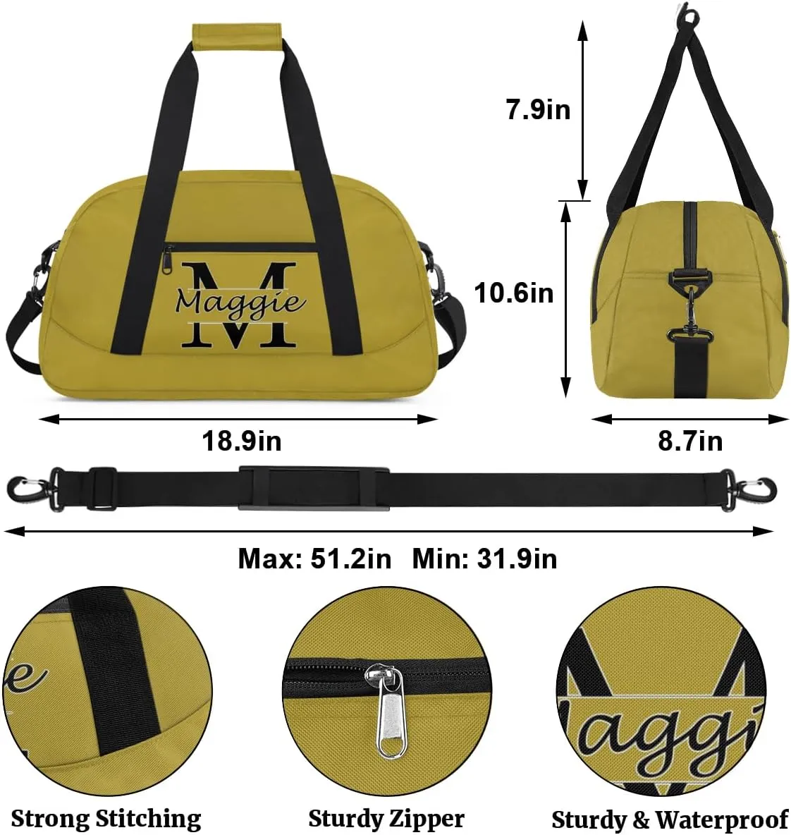 Custom Initial Sport Bag with Name, Personalized Gym Duffel Bags Personalized Gifts for Women Custom Travel Weekender Bag Monogrammed Custom Gifts, Brown