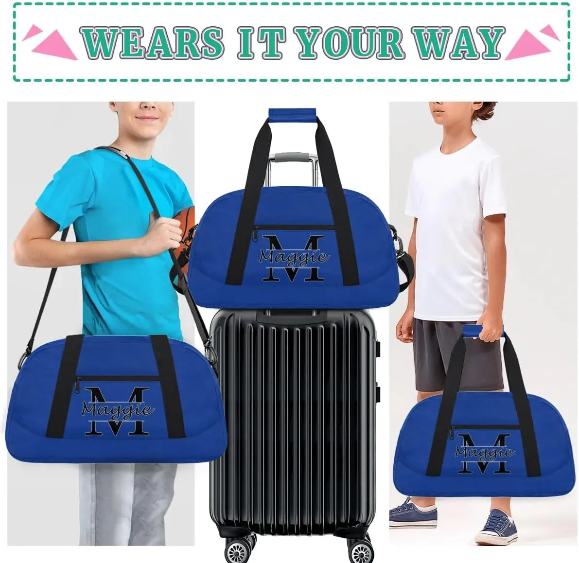 Custom Initial Sport Bag with Name, Personalized Gym Duffel Bags Personalized Gifts for Women Custom Travel Weekender Bag Monogrammed Custom Gifts, Cobalt Blue