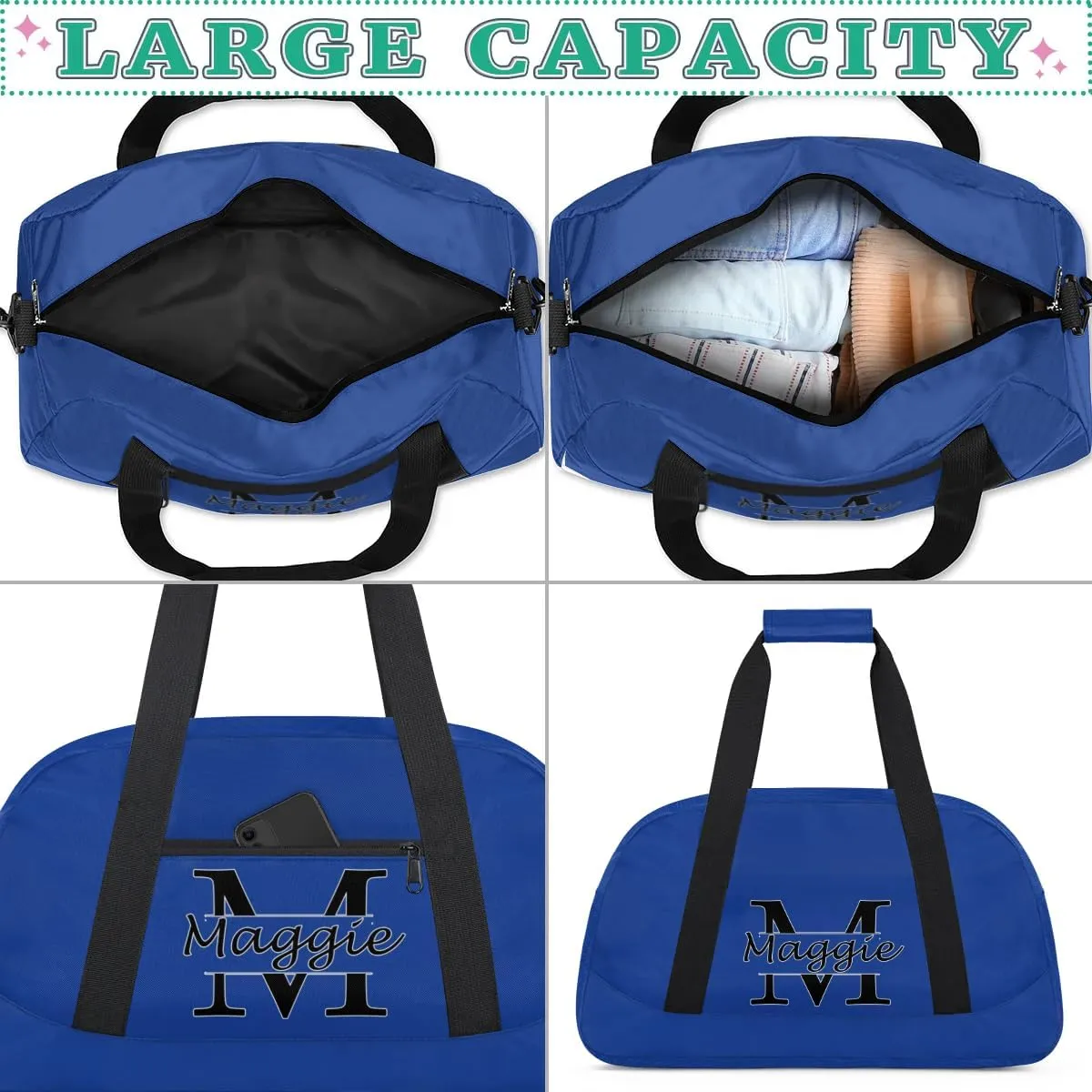 Custom Initial Sport Bag with Name, Personalized Gym Duffel Bags Personalized Gifts for Women Custom Travel Weekender Bag Monogrammed Custom Gifts, Cobalt Blue