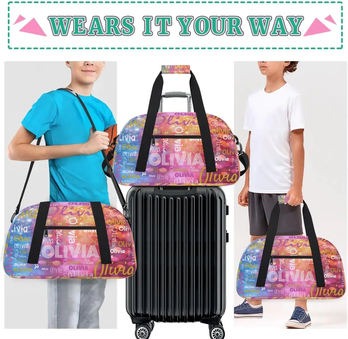 Custom Initial Sport Bags, Personalized Name Dance Gym Duffel Bags Personalized Gifts Custom Travel Weekender Bag Monogrammed, Dark Pink Gradient