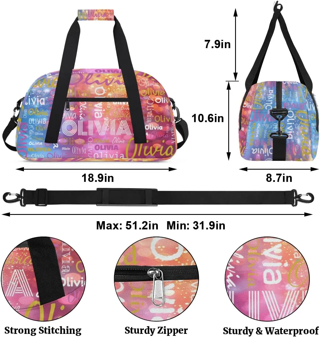 Custom Initial Sport Bags, Personalized Name Dance Gym Duffel Bags Personalized Gifts Custom Travel Weekender Bag Monogrammed, Dark Pink Gradient