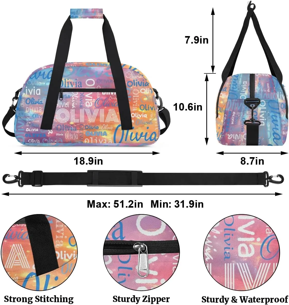 Custom Initial Sport Bags, Personalized Name Dance Gym Duffel Bags Personalized Gifts Custom Travel Weekender Bag Monogrammed, Purple Blue Gradient